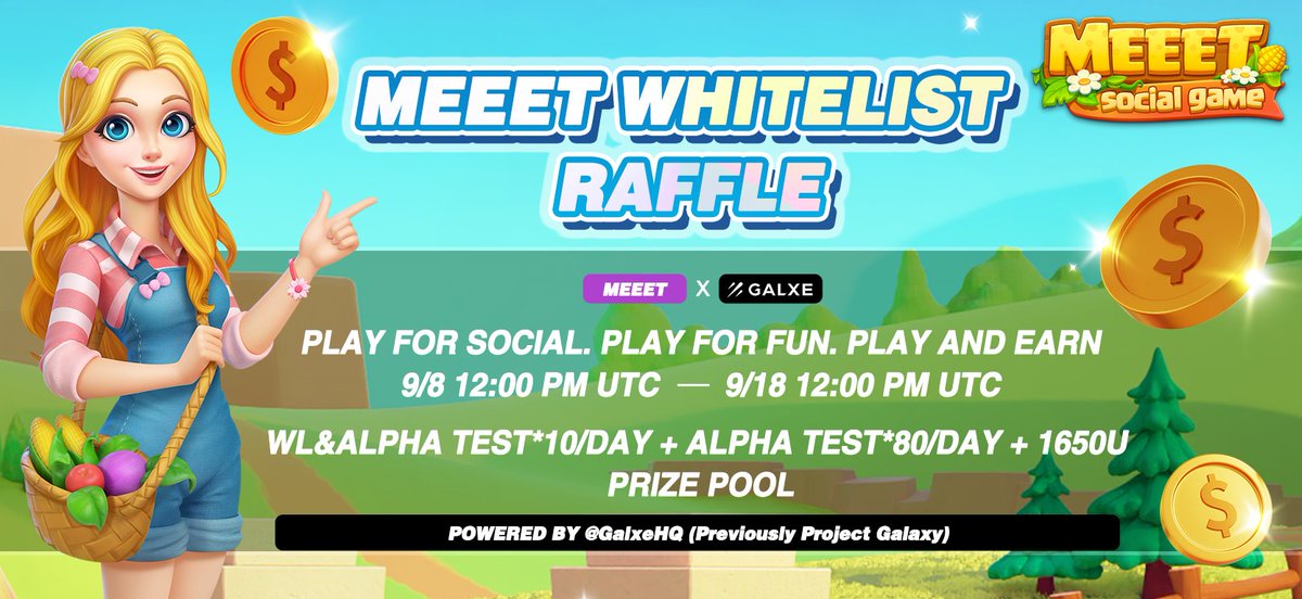 📢 Dear MEEET Users! Our first batch of 
<a href="/MEEETOfficial/">MEEET</a> #Whitelist &amp; #Alpha Test raffles cooperating with @GalxeHQ (Previously ProjectGalaxyHQ) is coming! 📢 

🤩 Get a whitelist and win from our 1650 $USDT prize pool! 

👉 Join here: gleam.io/X80WY/meeet-wh…