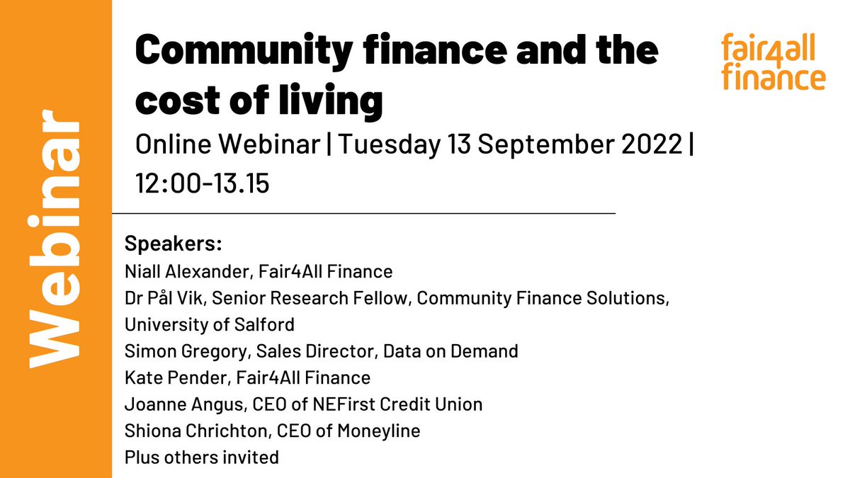 WEBINAR: Community finance and the cost of living - Tuesday 13 September at 12pm 

Join us as we explore how increases in the #costofliving are impacting the community finance sector. We'll be sharing research into this from <a href="/SalfordUni/">University of Salford</a>.

eventbrite.co.uk/e/community-fi…