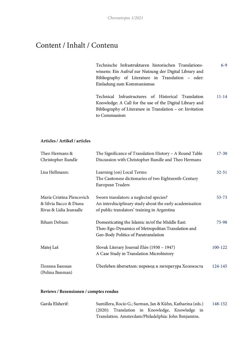 _Chronotopos's tweet photo. Long time without any tweets, so you might have seen our latest issue already. With our editorial on technical infrastructure for #translationhistory, a discussion on the significance of translation history by C. Rundle &amp; T. Hermans, etc. etc.! https://t.co/TkfvRjaEea https://t.co/VOVx7AcgsY