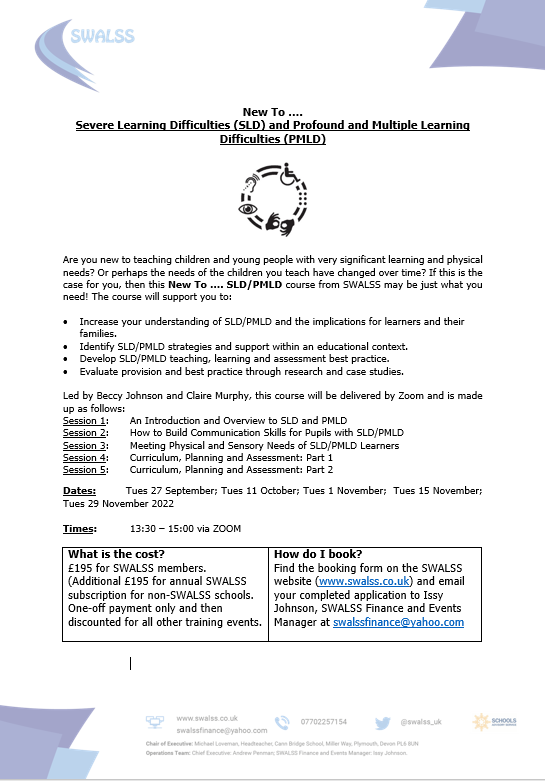 swalss_uk's tweet photo. New to SLD and PMLD? We've got some training for you #SLD #PMLD #SEND #SWALSS https://t.co/cGfDFrhvSn