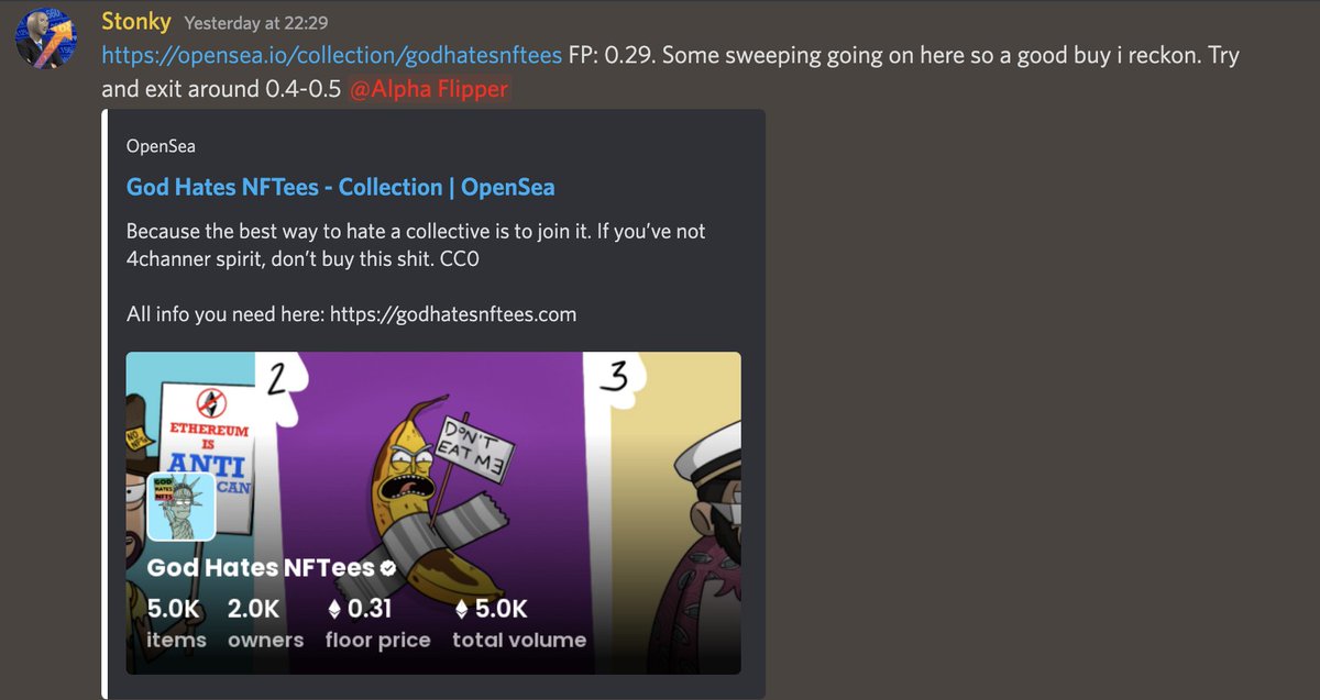AlphaProfitNFT's tweet photo. CALLING ALL NFT TRADERS!

I called these at 0.29ETH floor and they went to 0.44ETH floor over night ($240 profit)! This is free information guys! Join our server for free NFT trading tips and information📈🔥

#NFT #NFTs #NFTCommunity #NFTGiveaway #ETH #Ethereum #EthereumMerge https://t.co/iCoIjUaDD2