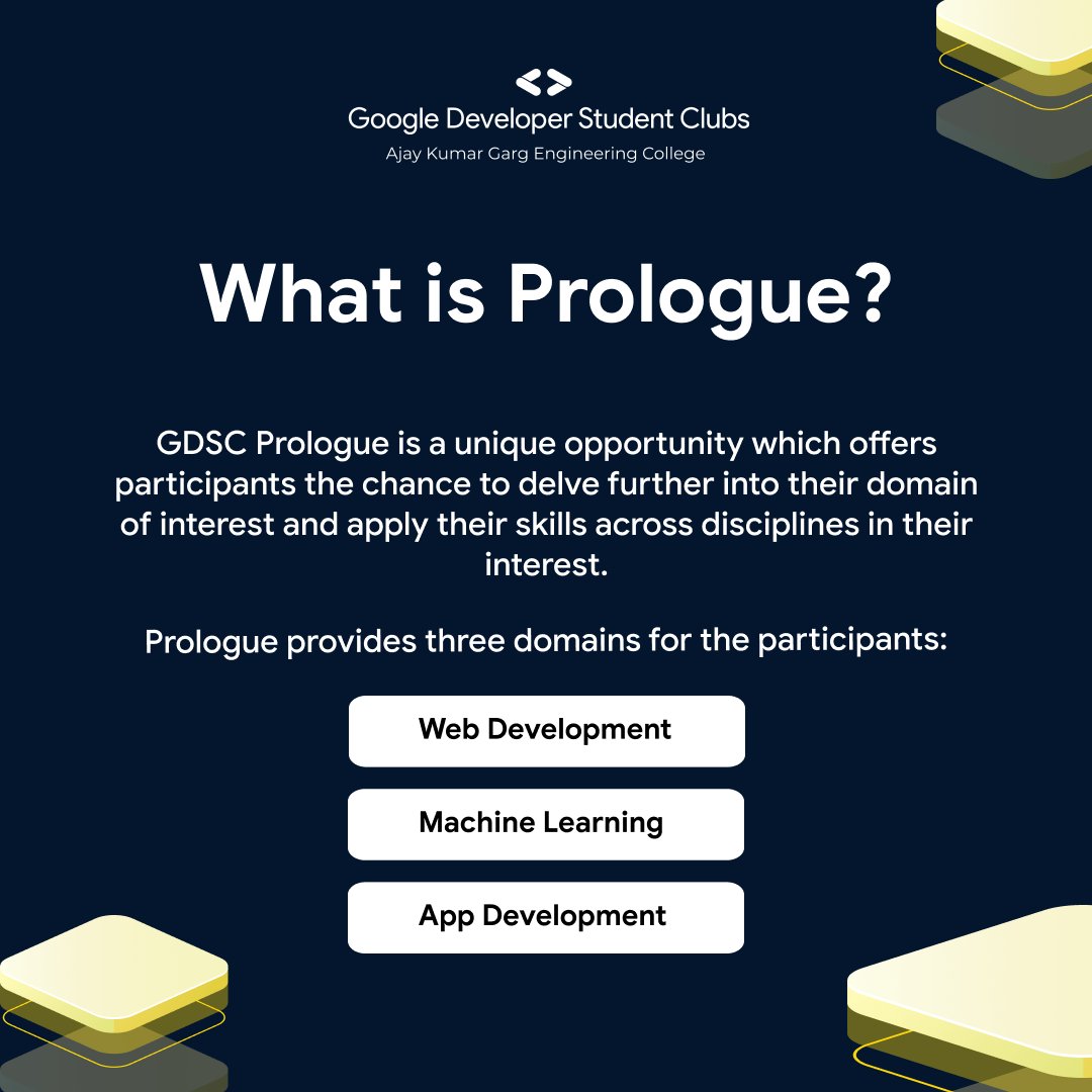gdg_akgec's tweet photo. Prologue is a domain-based hackathon where you have to make a project on one of the two problem statements of your favorable domain.
The winners earn a direct entry in our PI round!!
The last date for project submission is 11 September, 2022 https://t.co/hg2ERuwQtz