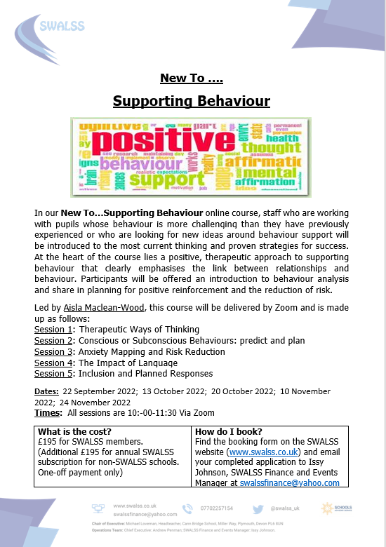 swalss_uk's tweet photo. New to supporting behaviour? We've got some training for you led by Aisla Maclean-Wood from @TADSS_SEND #behaviour #SEND #SWALSS https://t.co/MdHAKulsp2