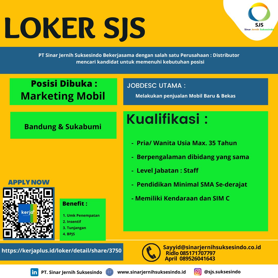 ridloms_'s tweet photo. Loker Bandung&amp;Sukabumi, lagi membutuhkan untuk posisi Marketing Mobil, Kualifikasi dan persyaratan tertera yaa. 
Pendaftaran langsung bisa melalui : 
https://t.co/2hCECVdtrg
Titip ya kak @hrdbacot @ezash 
#lokercot #lokerbdg #lokerjabar #infoBDG #lokersukabumi #infosmi https://t.co/esmnyx6qGF