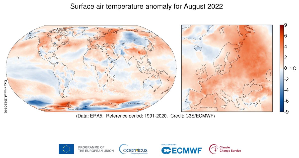 Le mois d'août ainsi que l'été 2022 dans son ensemble ont été les plus chauds à l'échelle de l'#Europe. 