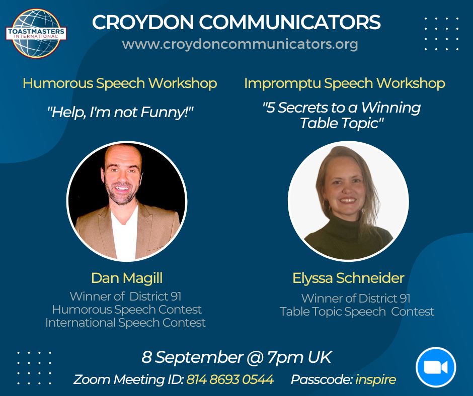 Croydon Communicators (@croydontoast) on Twitter photo Join us tonight for online workshops on Humorous and Impromptu speaking, delivered by Toastmasters International District 91 Speech Contest Winners Dan Magill and Elyssa Schneider!
#Toastmasters #PublicSpeaking #Workshops #Croydon <a href="/ToastmastersUKI/">Toastmasters Ireland & UK</a> Join us tonight for online workshops on Humorous and Impromptu speaking, delivered by Toastmasters International District 91 Speech Contest Winners Dan Magill and Elyssa Schneider!
#Toastmasters #PublicSpeaking #Workshops #Croydon <a href="/ToastmastersUKI/">Toastmasters Ireland & UK</a>