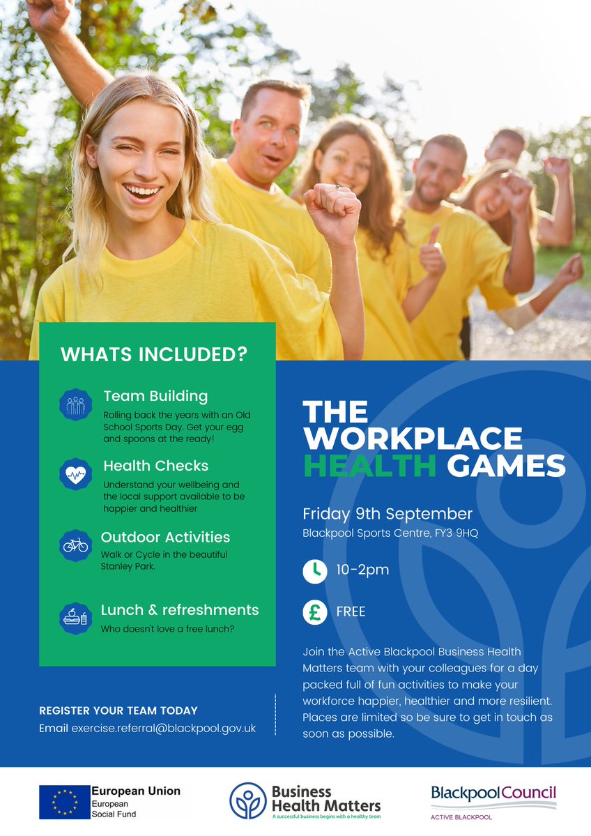 BlackpoolWorks's tweet photo. Still time to sign up!
Active Blackpool are running a free event on Friday 9th September 10am-2pm to launch Active Blackpool’s workplace health offer.
To register your team today:
Email exercise.referral@blackpool.gov.uk
#BpoolMakesItWork #Bpool @BpoolCouncil @bh_matters https://t.co/iEXVb2kHnT