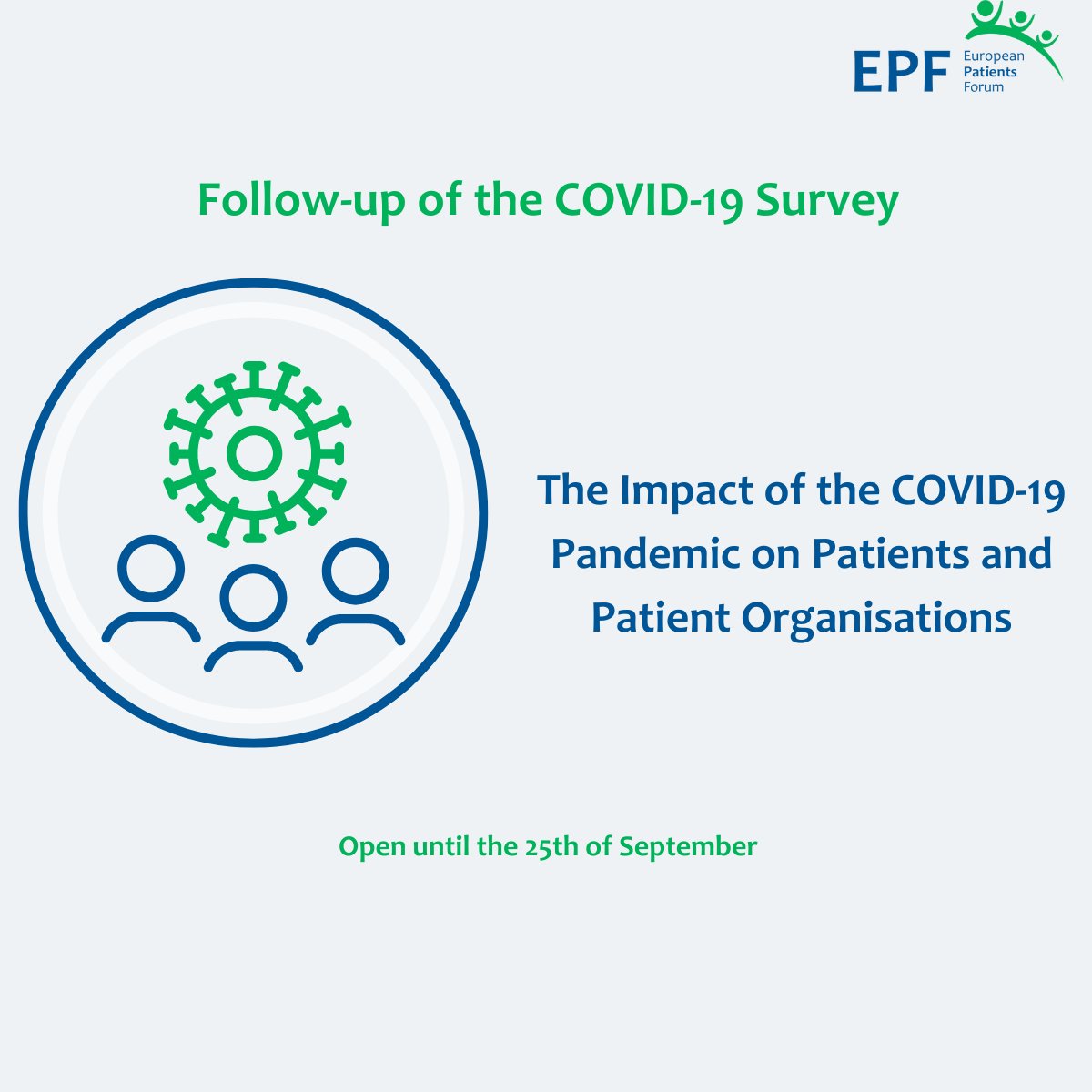 📢The pandemic is not over yet. Our colleagues at <a href="/eupatientsforum/">European Patients' Forum</a> are conducting a survey on the impact of #COVID19 on patients and patient organisations. Share your experience! 

Patient organisations: bit.ly/3RoD9MS 

Individual patients: bit.ly/3KzzNV6