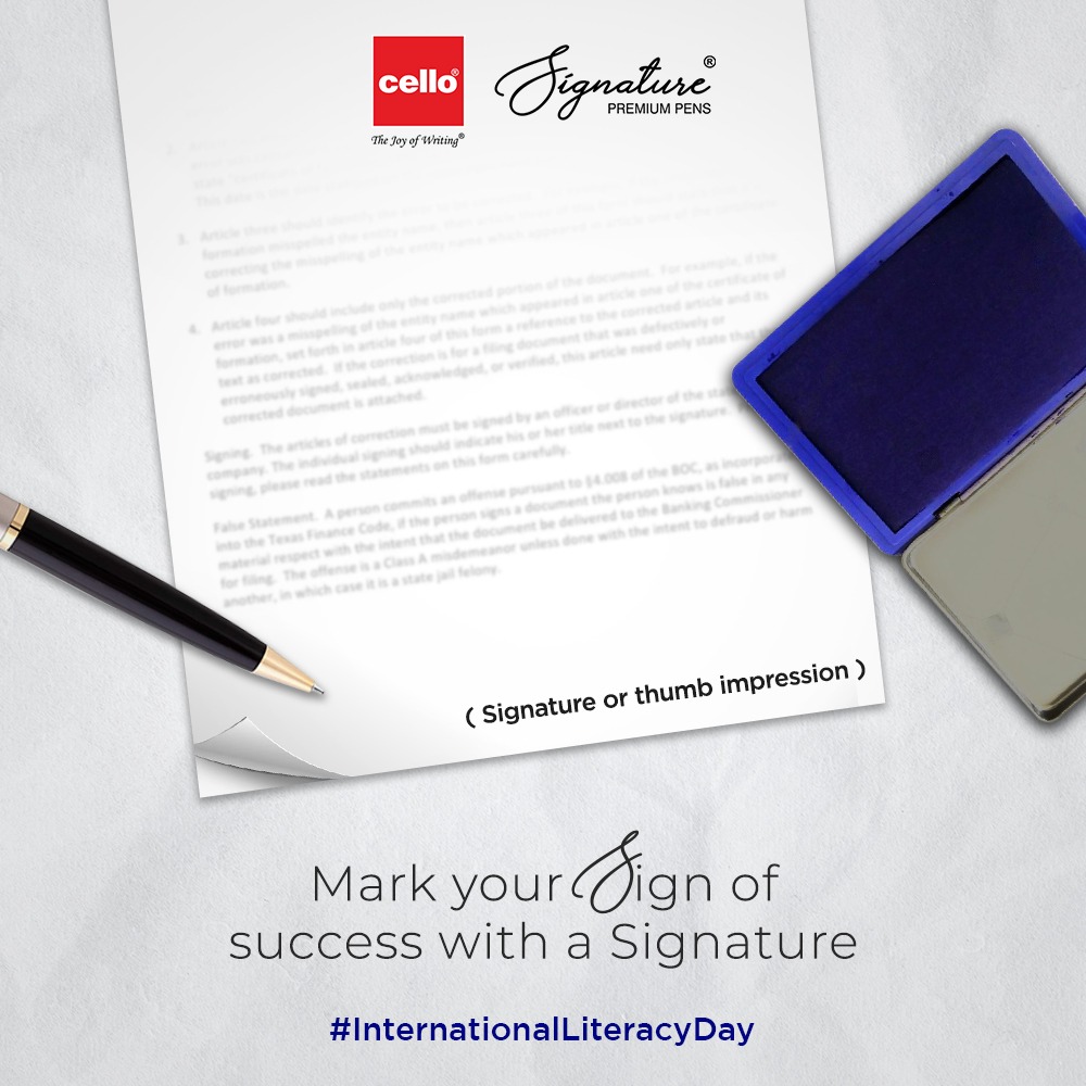 CelloStationery's tweet photo. A pen in every hand means a voice immortalized on paper. Let's mark the journey from the thumbprint to the signature on this Literacy Day.
#cellowriting #InternationalLiteracyDay #Signature #SignOfSuccess https://t.co/AntufwqyMu