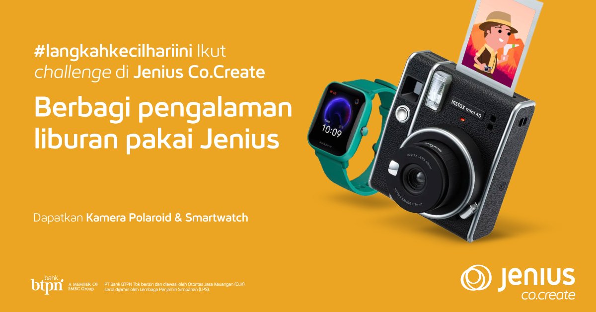JeniusConnect's tweet photo. Kamu pernah traveling bareng Jenius dan mau dapat hadiah gadget baru? 🤔

Kamu harus ikutan challenge #jeniuscocreate ini, nih!

Thread : Ceritakan pengalaman traveling kamu ke luar negeri dengan Jenius dan dapatkan Kamera Polaroid atau Smartwatch. https://t.co/ntpDg9bSS5
