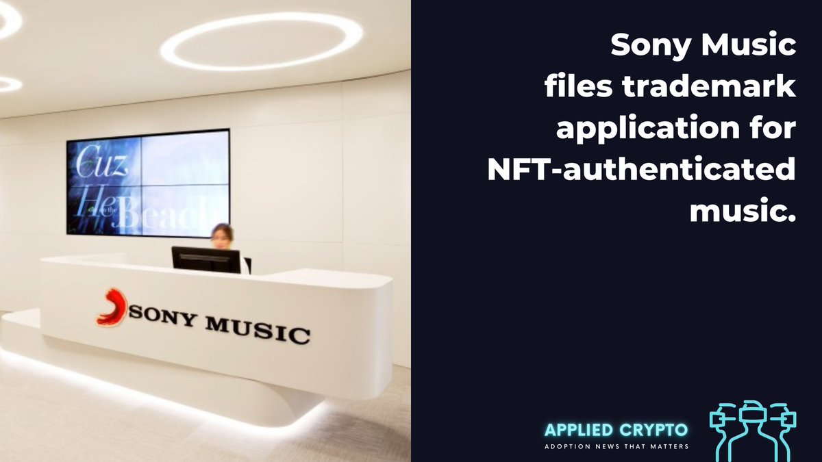 crypto_applied's tweet photo. #SonyMusic has filed for trademarks related to #NFTs and the #Metaverse. The application covers #NFT-backed music, podcast production, artist management, music distribution services and more. #Web3 #Blockchain https://t.co/NLK8qn5Tsy