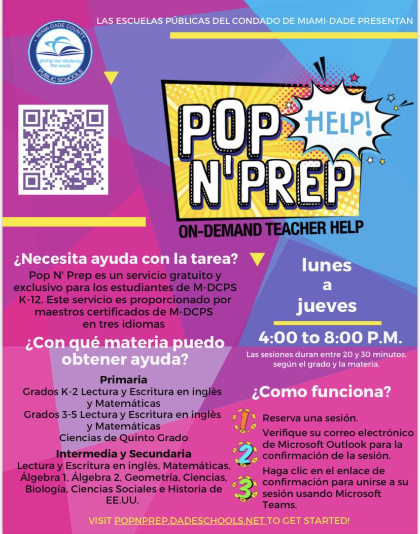 CrestviewES's tweet photo. Parents! Pop N’ Prep is an on-demand homework help program. It is free and provided by certified MDCPS teachers. Please take advantage of this opportunity! @MHardwickCES @BRMandrell @Shanesecute @MrsDonnell1 @MDCPSNorth @AutlerRachel @MsLewis_NRO https://t.co/uwxs31aOaK