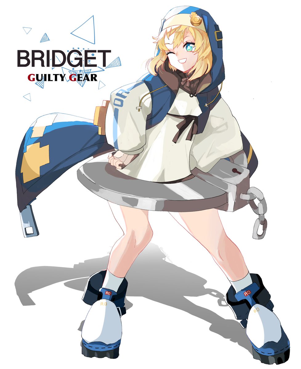 bridget (guilty gear) 1boy male focus smile fingerless gloves blonde hair  one eye closed gloves illustration