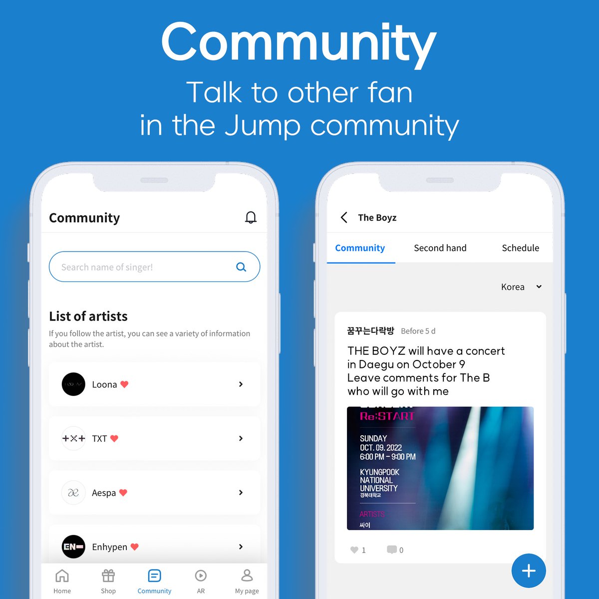 Let me introduce the KPOP community app, Create Jump

✔️You can buy and sell Proven Second-hand K-pop goods

✔️Talk to other fan in the Jump community

✔️You can see your favorite idol schedule

Download on the App Store!🔗
apps.apple.com/kr/app/create-…