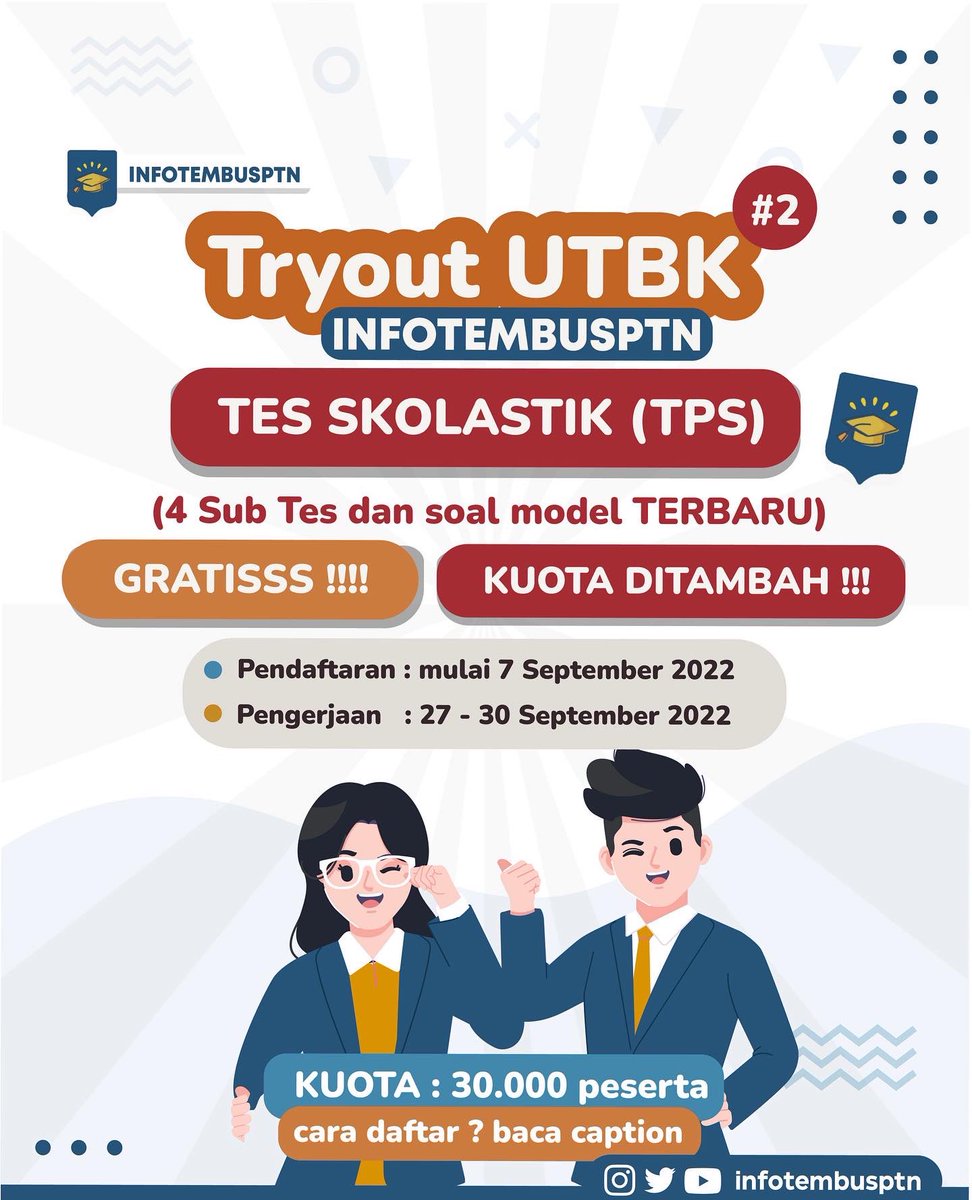 🔥🔥 GRATISS ! 🔥🔥
TRYOUT UTBK 2023 PART 2 
(SKOLASTIK - 4 sub tes)
bersama <a href="/infotembusptn/">INFO SNBP - UTBK SNBT 2025</a> x <a href="/alphastude/">Alphastude | TRYOUT UTBK 2025</a> 

✅Sudah 10ribuan peserta yang daftar
✅ Pengerjaan : 27-30 SEPTEMBER 2022
⚠️ kuota terbatas yha

Likes dulu biar ga ilang. Caranya cek di thread ini