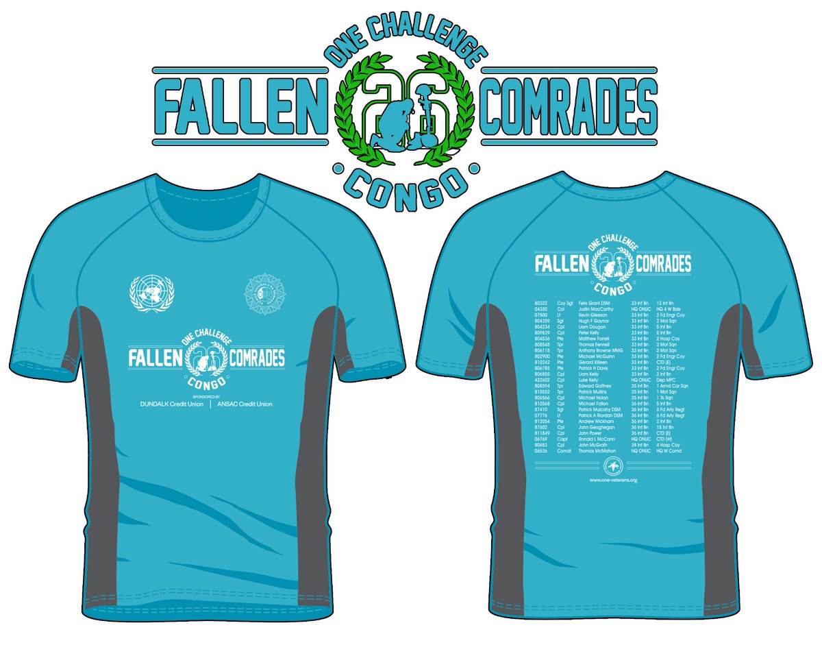 OneFuchsia's tweet photo. ONE Challenge 2022 T-shirts on sale for €10 with free P&amp;P 

Commemorate the 26 Fallen Comrades who paid the ultimate sacrifice while serving with the UN in the Congo https://t.co/v53rH7tcwe

All proceeds go towards helping #veterans in need.
#DefenceForces #Charity #ONEChallenge https://t.co/IvXENBtw8x