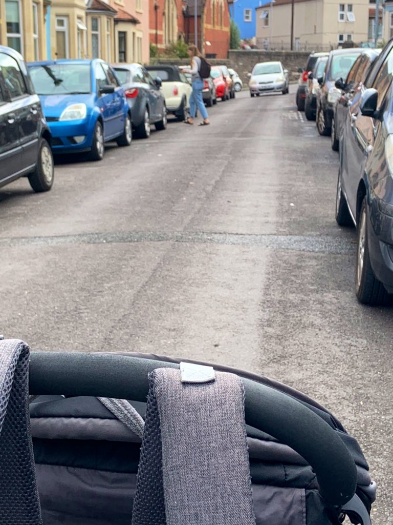 Gingeybites's tweet photo. Another day, another blocked pavement meaning yet again, I’m having to push my son along the road in his pram, tucking in for cars to pass.  Sick of this, accessibility is zero. @BristolCouncil https://t.co/Z7liEZPSub