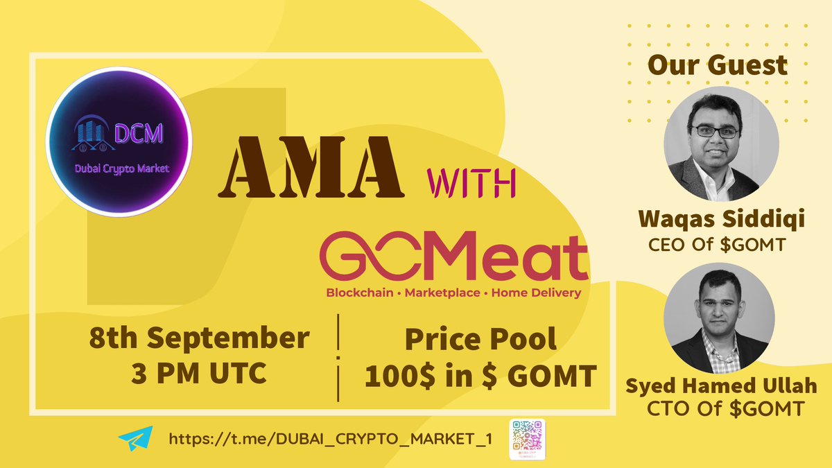 URchristiano07's tweet photo. We're Pleased to announce our next #AMA with @GoMeatToken
 on 8thth Sep 3:00 PM UTC
Reward Pool: 100$ 🔥
Venue https://t.co/hlqg2D7sax
♦️ Rules
✅ Follow @DubaiCryptoMrkt &amp; @GoMeatToken
✅Like&amp;Retweet
✅Comment Questions &amp; Tag 3 Friends with your BEP20 address https://t.co/w6dVzWrR3S