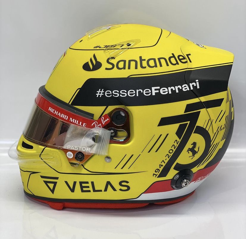 FerrariF1FRA's tweet photo. 🔴 Le casque édition spécial de Charles Leclerc pour les 75 ans de Ferrari à Monza ! 💛

(📸 @BsDesignsHelmet) https://t.co/NW4CMSv1V9