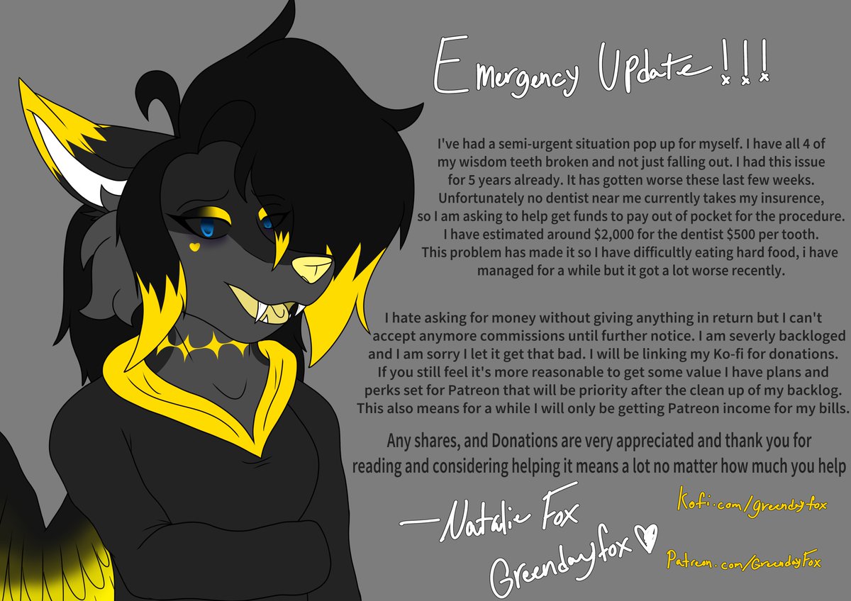 GreendayFox's tweet photo. Emergency Update about commissions and looking for help raising funds for a doctor visit. Donations should be made to Ko-fi any and all help is appreciated.
https://t.co/fICDjV0wKS 
#furryartist https://t.co/CKtivb4Anr