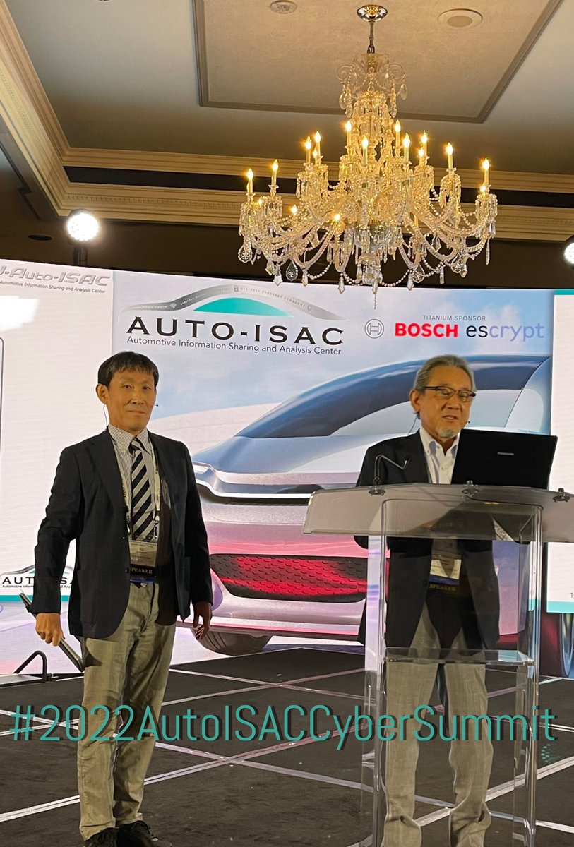 AutoISAC's tweet photo. We are very grateful to Hirabayashi-san, Toyota & Japan Auto-ISAC Steering Committee Chairman, and Yamasaki-san, Mazda & Japan Auto-ISAC Technical Committee Chairman, for their updates, insights and collaboration on behalf of J-Auto-ISAC. Thank you! #2022AutoISACCyberSummit https://t.co/9ciJC2Sthc