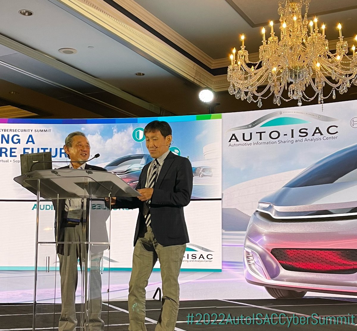AutoISAC's tweet photo. We are very grateful to Hirabayashi-san, Toyota & Japan Auto-ISAC Steering Committee Chairman, and Yamasaki-san, Mazda & Japan Auto-ISAC Technical Committee Chairman, for their updates, insights and collaboration on behalf of J-Auto-ISAC. Thank you! #2022AutoISACCyberSummit https://t.co/9ciJC2Sthc
