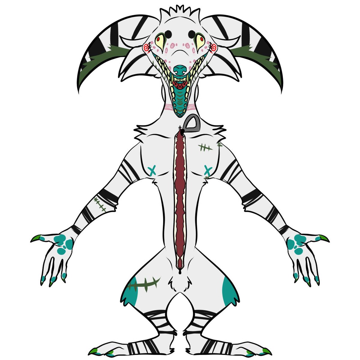 JuicedWyrms's tweet photo. First post!! 
Welcome to hell, I’m your conductor on this sandworm coaster, keep all of your limbs inside the ride and buckle up, cause its showtime.

Below you are references of this account’s main character, Wyrm. He is a zombified Thylacine/Maned wolf hybrid. Rules below! https://t.co/oVTsQYTHOs