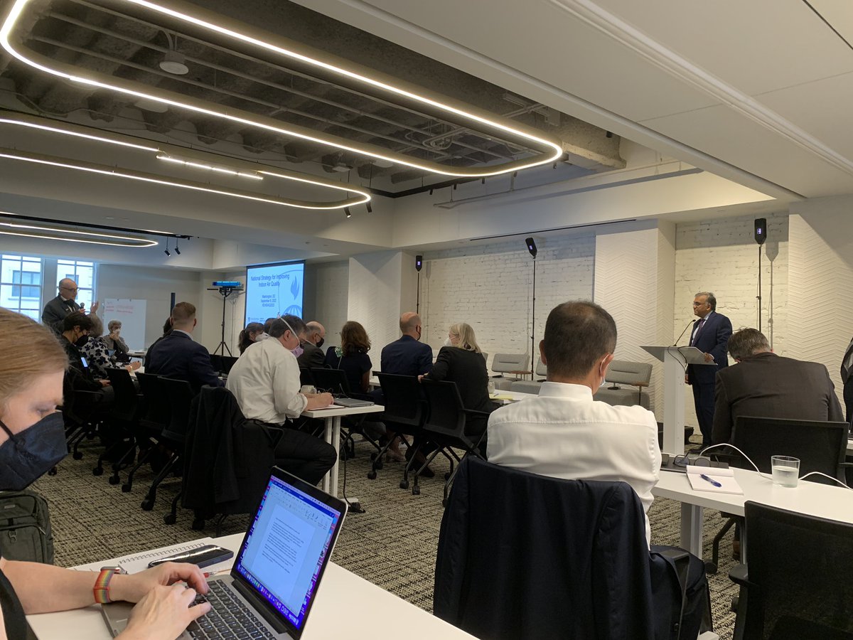 Don_Milton's tweet photo. @kprather88 @ashishkjha @polsiewski Germicidal UV fixtures - far-UVC at the podium (behind @ashishkjha) and upper-room UVC all around supplement ventilation and excellent filtration to provide an indoor environment highly resistant to airborne transmission at #CHAIAQ2022 @polsiewski https://t.co/h4ct2h9X2R