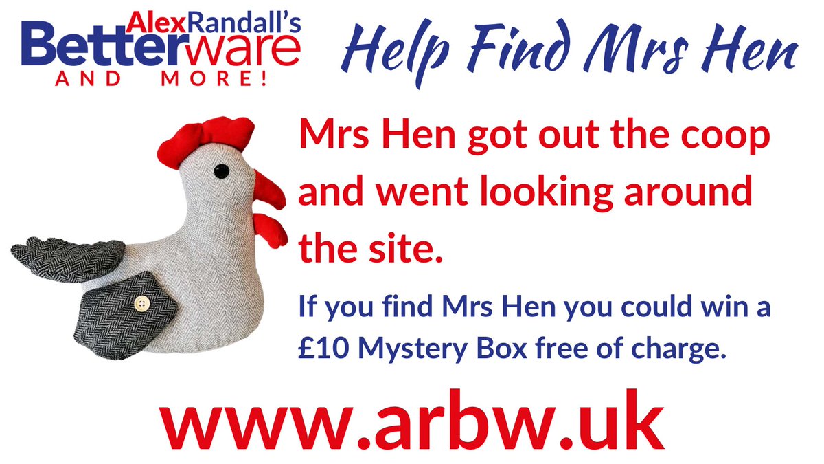 Help us Find Mrs Hen 

Mrs Hen got out the coop and went looking around the site.

If you find Mrs Hen you could win a £10 Mystery Box free of charge.

arbw.uk

*Ends Friday 16th September 2022