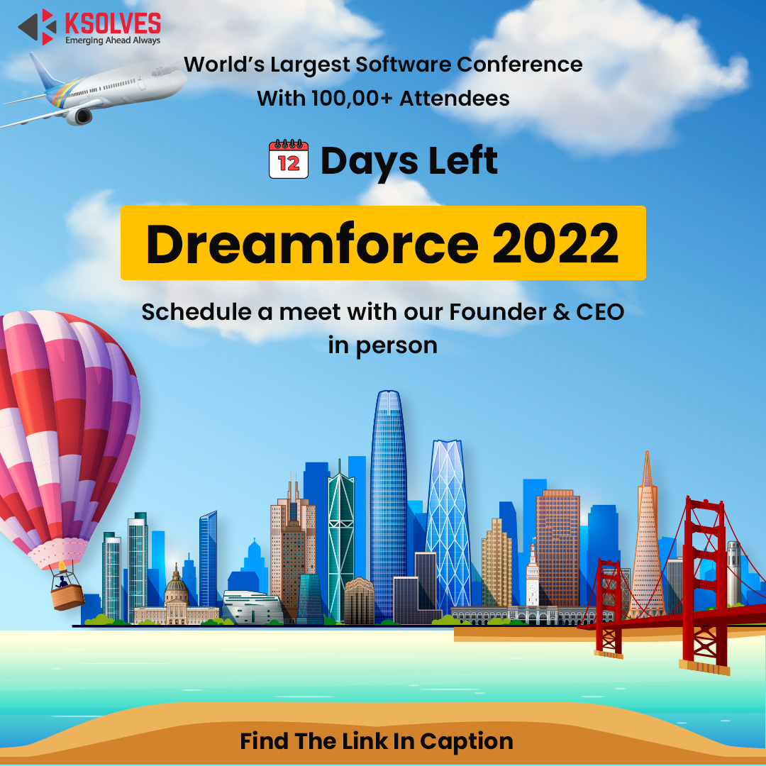 _Ksolves's tweet photo. Come share some bright Salesforce success memories with our Founder and CEO at Dreamforce 2022.
Click the given link to book your slot: https://t.co/pzThenr7ze
#KsolvesAtDreamforce22 #Dreamforce2022 #DF22 #SFDC #DreamforceConference #softwareconference #dreamforce2022 #Ksolves https://t.co/WZhstIQB7L