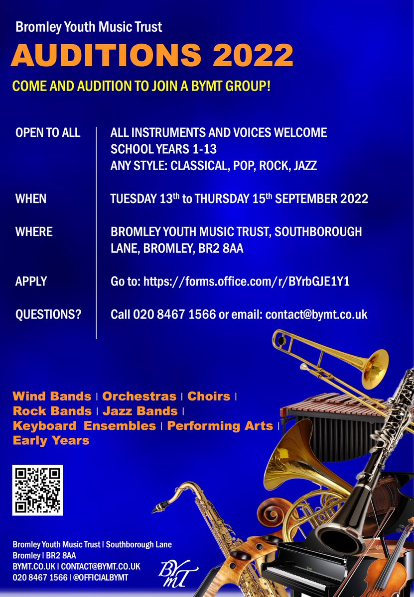 BYMT Auditions 2022. Come along to BYMT and audition to join a BYMT Group! 13th-15th Sept. To register please visit forms.office.com/r/BYrbGJE1Y1