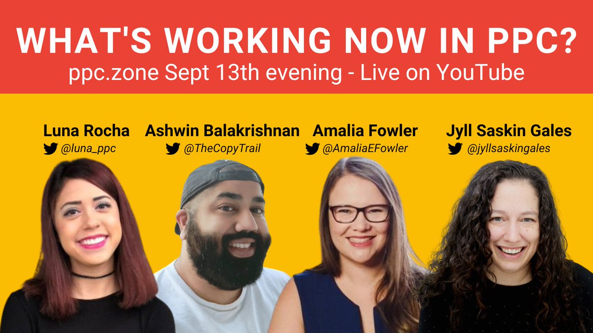 jyllsaskingales's tweet photo. Attention #PPCChat - today's the day! We've got @AmaliaEFowler @luna_ppc @TheCopyTrail live at https://t.co/gLtAHFnWqA sharing What's Working Now in PPC

Tonight! 8pm PST / 11pm EST

Full details, plus the replay if you can't make it live 👉 https://t.co/8FCuUQCXig https://t.co/w3KNkTNmyX