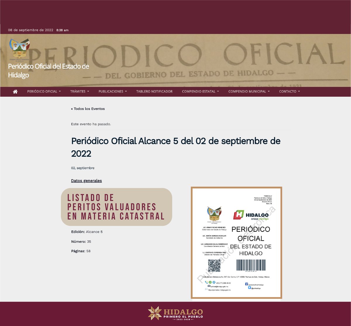 👉Ya está publicado oficialmente en el #PeriodicoOficial el listado de Peritos Valuadores en Materia Catastral.👈

✅Échale un vistazo en el siguiente link:
periodico.hidalgo.gob.mx/?tribe_events=…