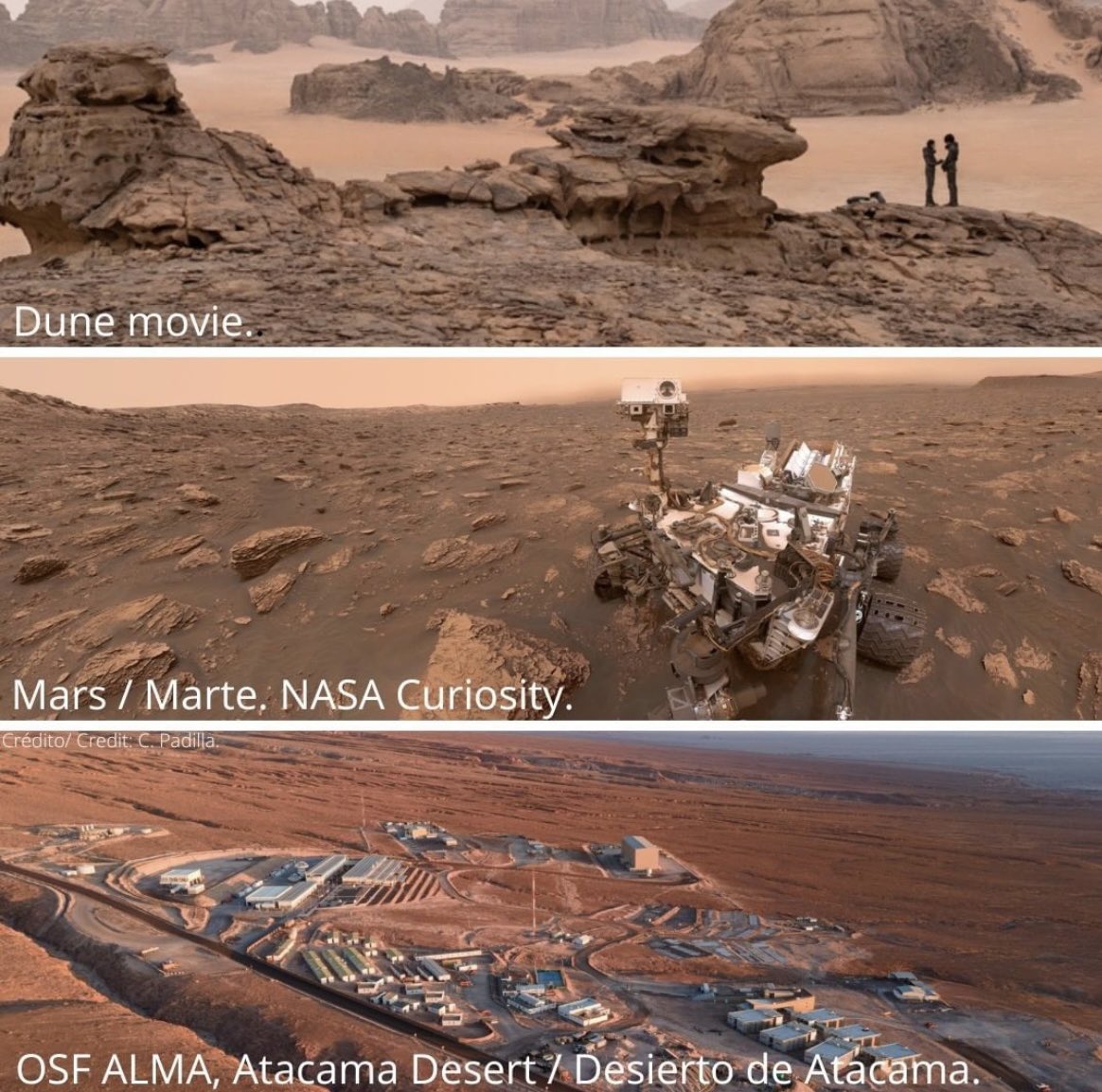 thaisa_sb's tweet photo. Comparação: ao topo, o planeta fictício Arrakis do filme Duna; ao meio, paisagem de Marte, e abaixo, o centro de operações do Observatório ALMA, no deserto de Atacama! #ciencia #astronomia #planetas #almaobservatory https://t.co/fL8AAVIB3z