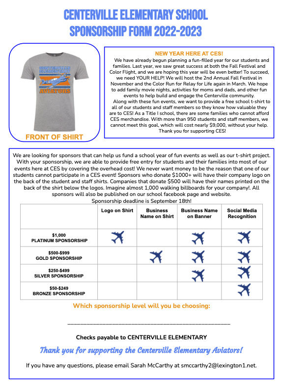 New sponsorship levels are available! Contact Sarah McCarthy with questions at smccarthy2@lexington1.net. Sign up online at forms.gle/r5uKPUDsqrmiHh….
