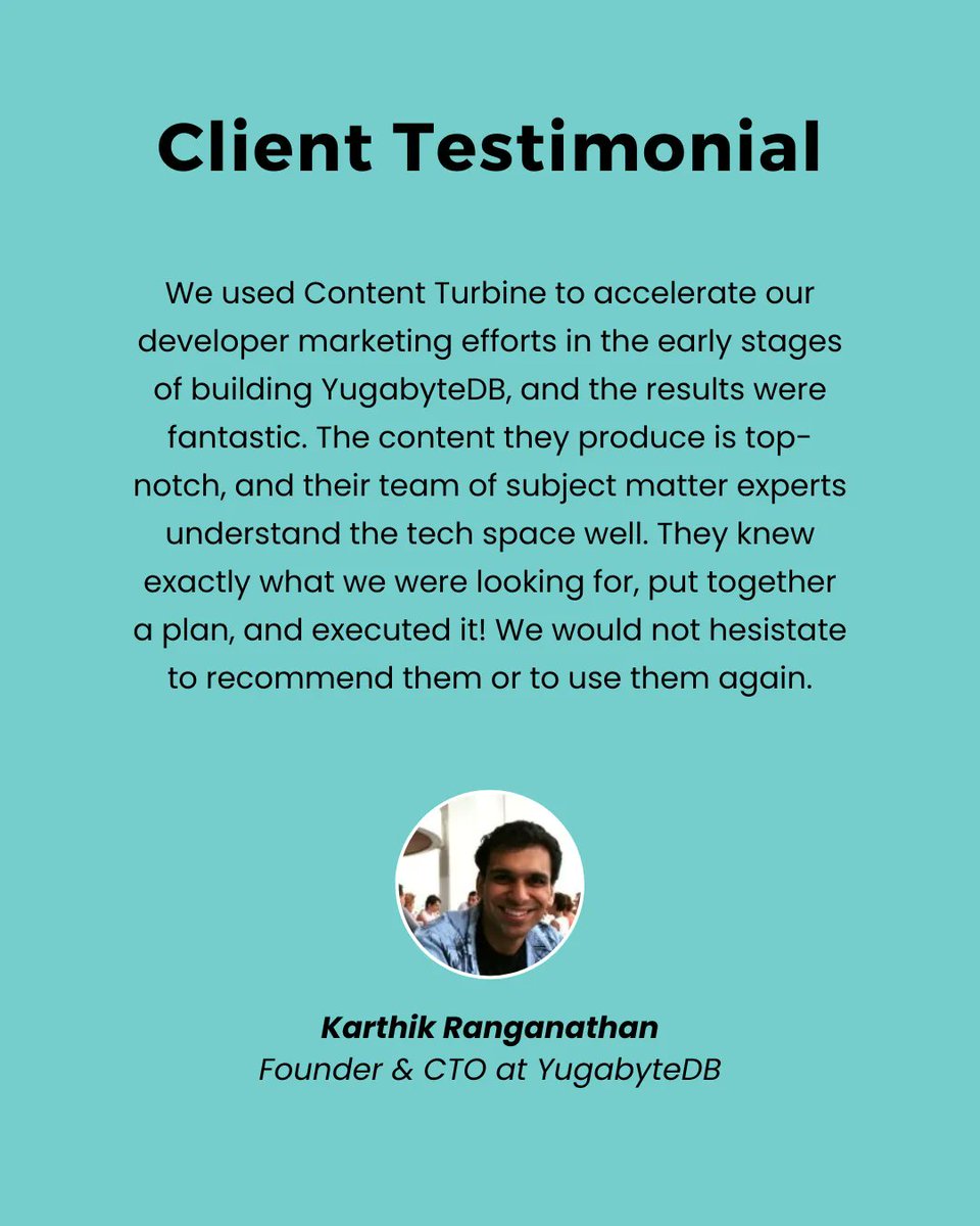"We would not hesitate to recommend them or to use them again" Karthik Ranganathan, Founder YugabyteDB 

#businessowner #startup #testimonial #tech #techtwitter