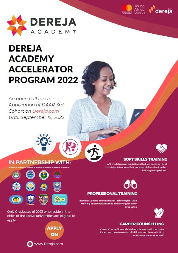 DerejaOfficial's tweet photo. The application for Dereja Academy Accelerator Program for 2022 University Graduates is officially open for the third Cohort!
👉🏾Click here to register: https://t.co/RgBxmESUws
#DAAP #Findyournextstep #youngafricaworks https://t.co/B5W0zNVIUB