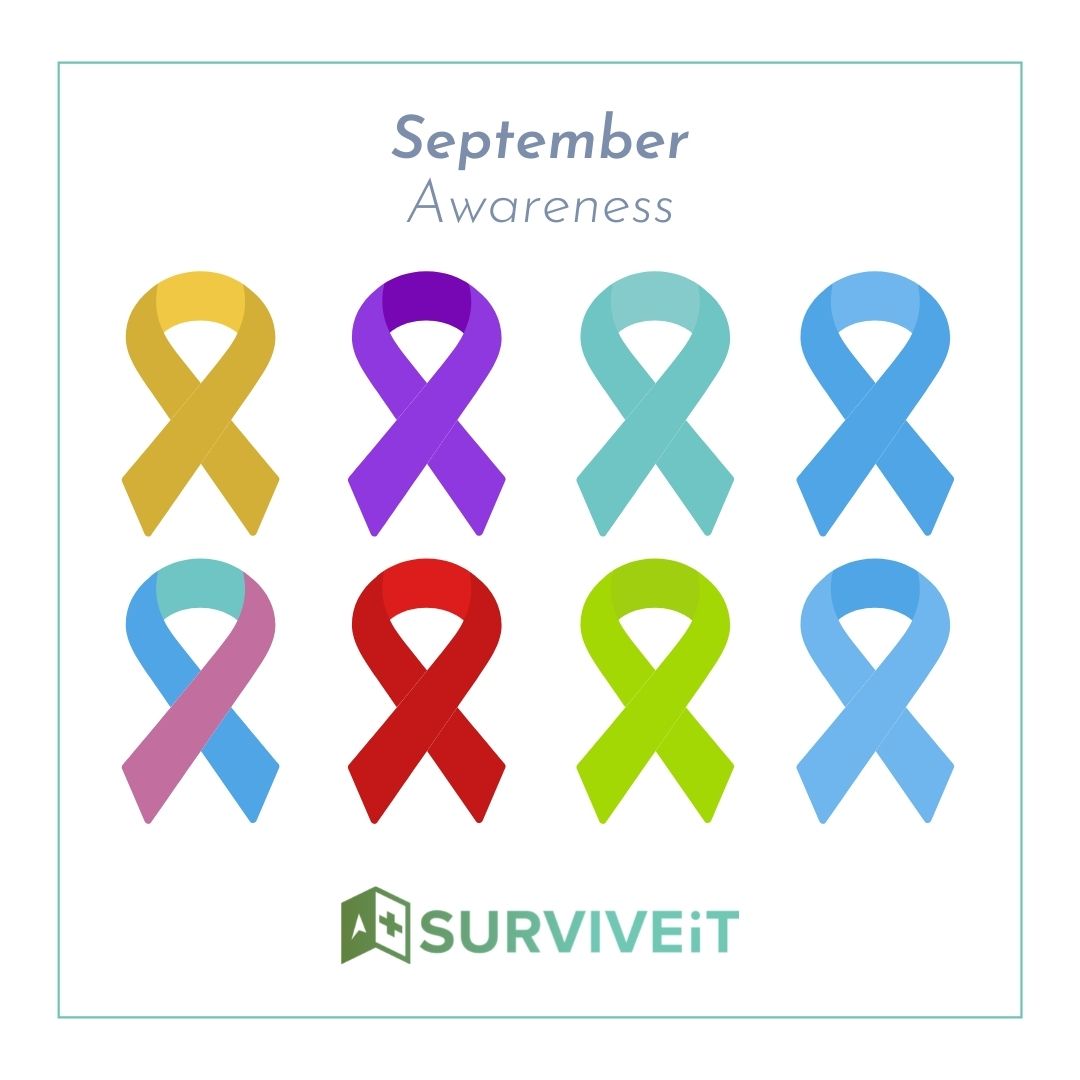 teamsurviveit's tweet photo. This month we're drawing awareness to:
◦ Childhood Cancer
◦ Gynecologic Cancer
◦ Ovarian Cancer
◦ Prostate Cancer
◦ Thyroid Cancer
◦ Blood Cancer
◦ Lymphoma
◦ Mesothelioma

As well as
◦ World Cancer Research Day
◦ Take a loved one to the Dr. Day https://t.co/LN6mBmSgZF