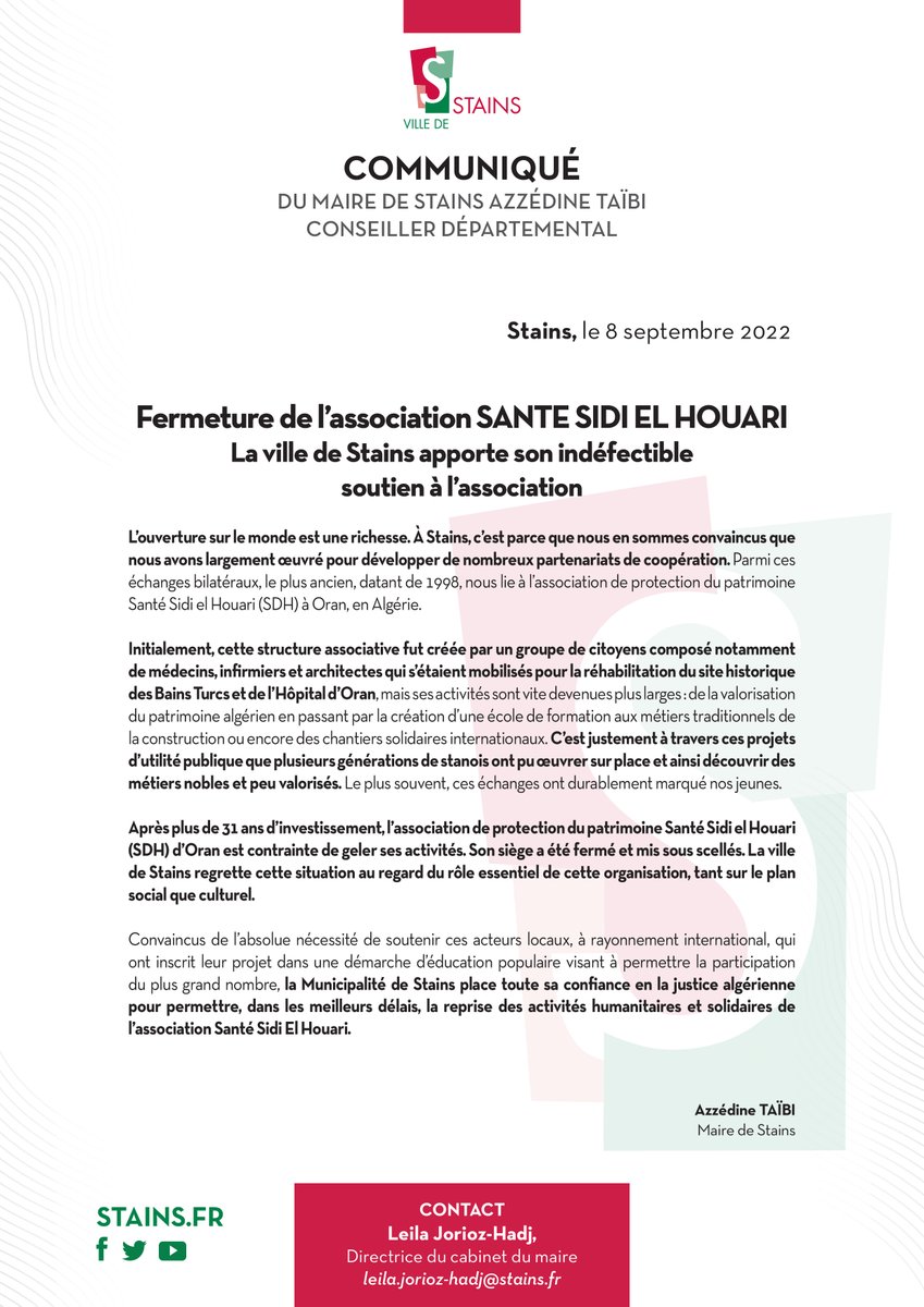VilledeStains's tweet photo. COMMUNIQUÉ DU MAIRE AZZÉDINE TAÏBI – FERMETURE DE L’ASSOCIATION SANTE SIDI EL HOUARI : LA VILLE DE STAINS APPORTE SON INDÉFECTIBLE SOUTIEN À L’ASSOCIATION ✍️

https://t.co/UxBwevaL2X https://t.co/PEFB1NxS8V