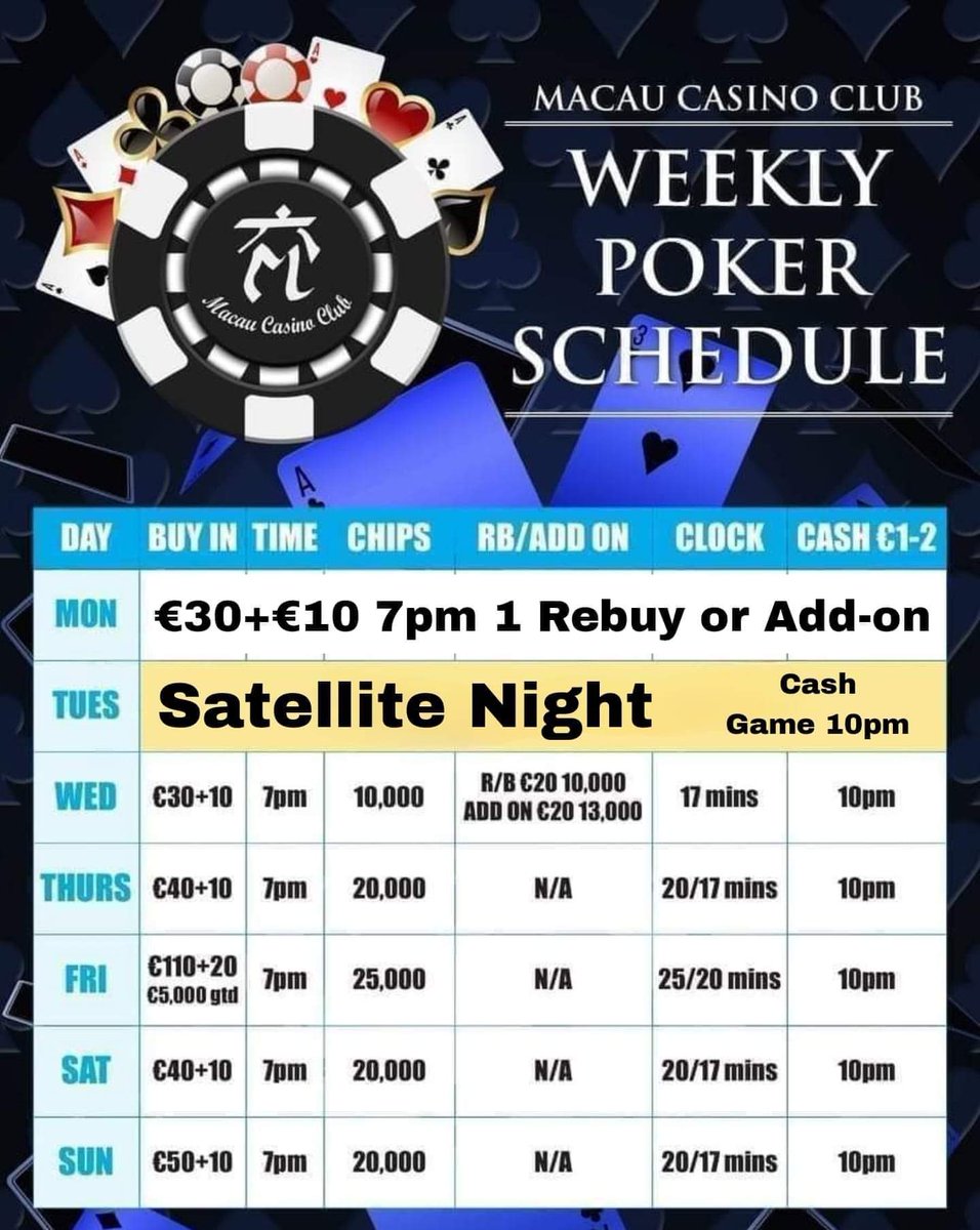 MSCCASINO's tweet image. 𝐓𝐡𝐮𝐫𝐬𝐝𝐚𝐲 𝐏𝐨𝐤𝐞𝐫 𝐓𝐨𝐮𝐫𝐧𝐚𝐦𝐞𝐧𝐭 𝟕𝐩𝐦 🕖 
€𝟒𝟎 + €𝟏𝟎
Chips 20,000
Late Reg 9.15pm 🕘

Cash Games from 10pm

#Poker