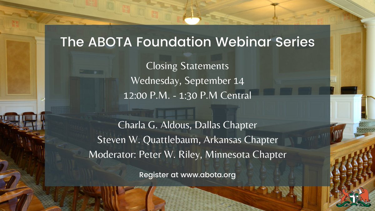 We are less than a week away from the next installment of the ABOTA Foundation Webinar Series! You don't want to miss this opportunity for FREE CLE. Invite your firms and colleagues! ow.ly/Q8FB50KErPZ
