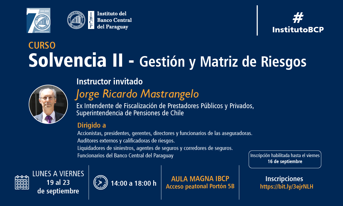 InstitutoBCP's tweet photo. ¡Si estás en una empresa que compone el mercado asegurador, esta curso es para vos!

"Solvencia II - Gestión y Matriz de Riesgos", a cargo de Jorge Ricardo Mastrangelo.

19-23 | septiembre
14.00-18.00 h

Aula Magna #InstitutoBCP

Inscribite hasta el 16/09: https://t.co/AYR9WvDN8r https://t.co/1pgKFXsZyv