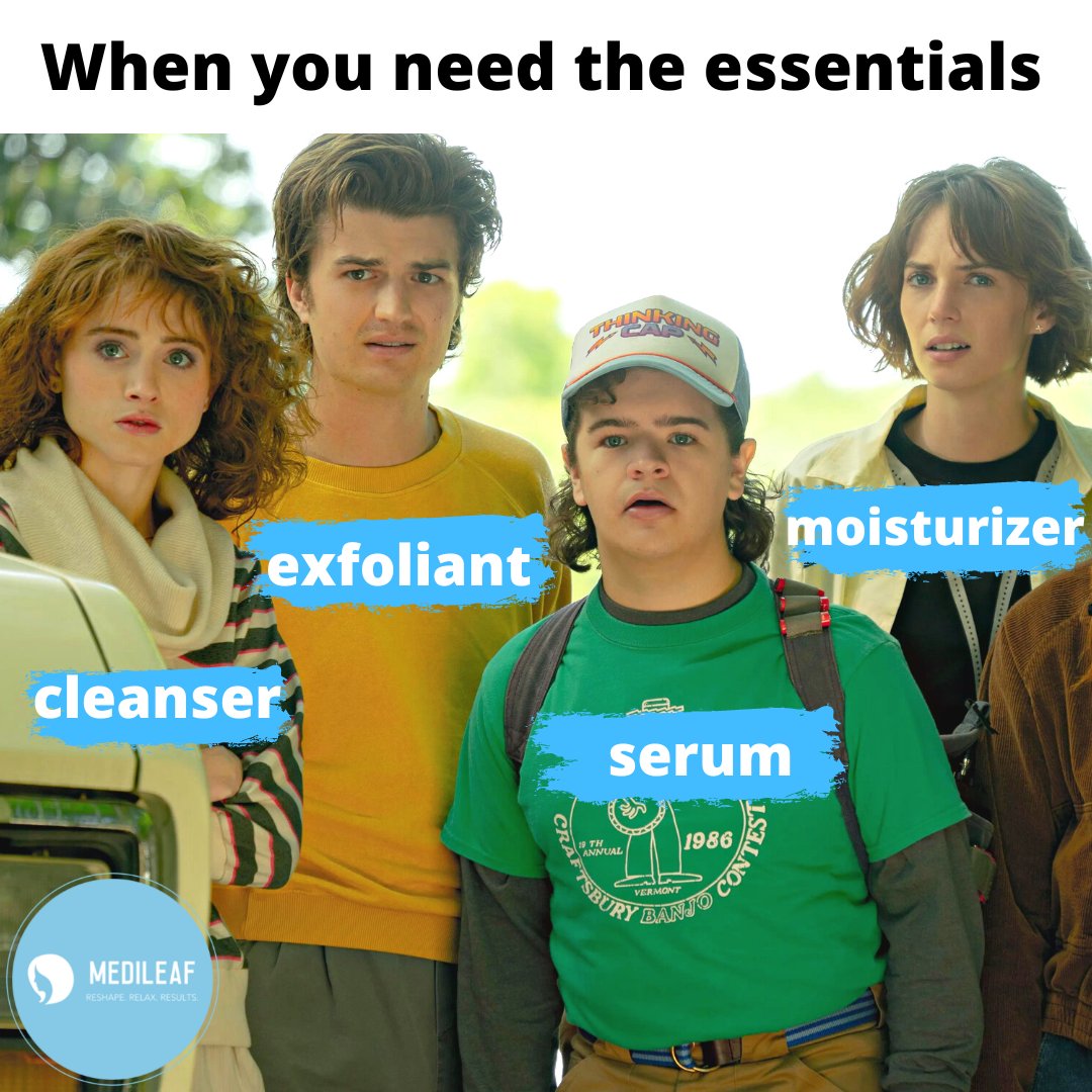MedileafSpa's tweet photo. I am getting a HEAD START on spooky season by re-watching #StrangerThings 😈🍂

I also put a lot of thought into who would be the cleanser and I think Nancy is the perfect fit. Plus, Robin is moisturizer, right? THEY'RE ALL ESSENTIAL! 😍✨ https://t.co/qptftnecHc