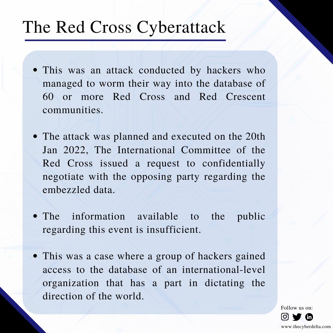 TheCyberDelta's tweet photo. This was an attack conducted by hackers who managed to worm their way into the database of 60 or more Red Cross and Red Crescent communities. 

Read more at : https://t.co/jUvvg3peXk.
#cyber #warfare #cybersecurity #technology #hacking #hack #hacker https://t.co/P1AJdeg0cf