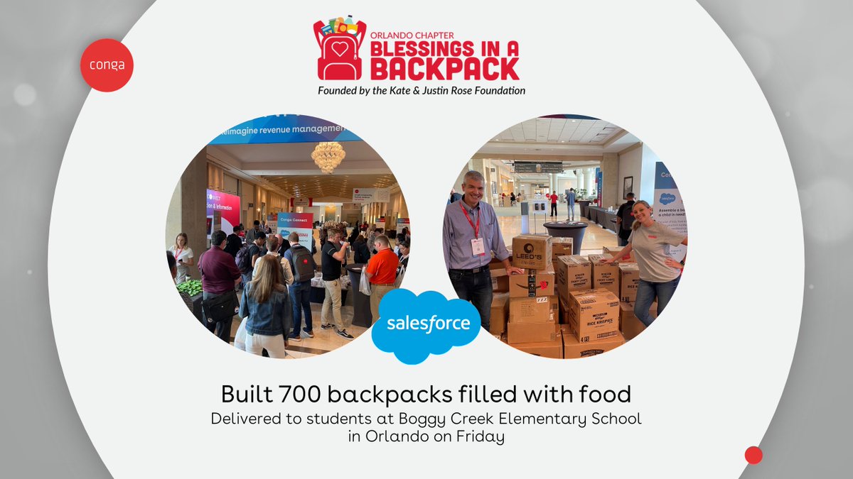 LifeAtConga's tweet photo. Proud to have partnered with @salesforce and @BlessinBackpack to deliver 700 backpacks to the @BCESManatees during #CongaConnect last week! #TheCongaWay https://t.co/gG6qJuqsVp