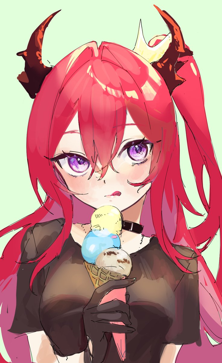 surtr (arknights) 1girl solo ice cream horns red hair food purple eyes  illustration images