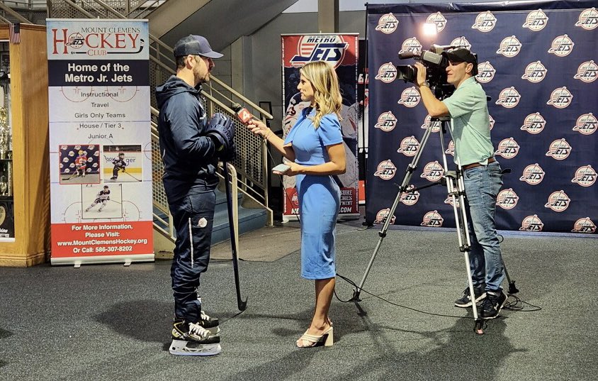 Media availability with #MetroJets players Braydin Lewis and <a href="/alexschaumie/">Alex Schaumburger</a> and Coach Q this morning during training camp at Mount Clemens Ice Arena!