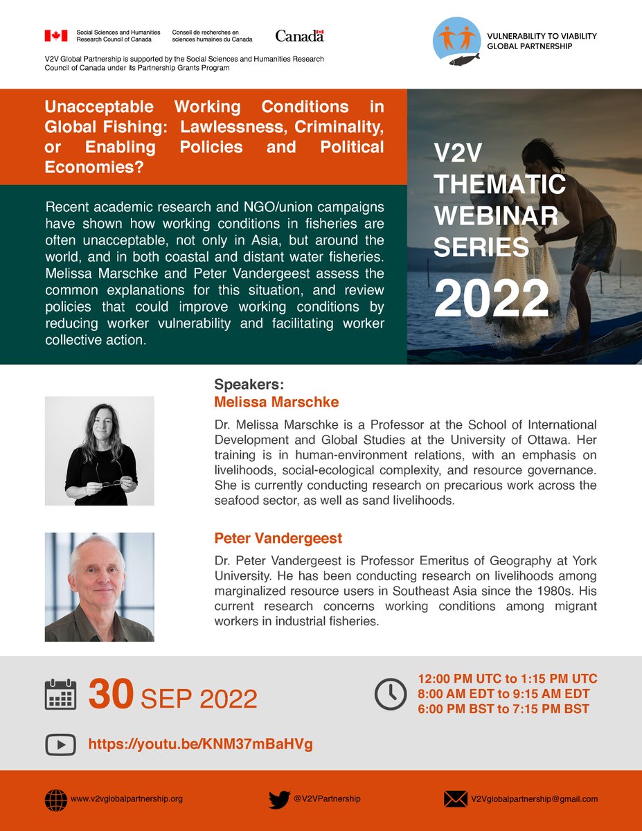 📌 SAVE THE DATE! #ThematicWebinar #SSF

📢 Title of the Webinar: Unacceptable Working Conditions in Global Fishing
🎙️ Speakers:
Dr. Melissa Marschke
Dr. Peter Vandergeest
📅 Sep 30, 2022
⏰ 12:00 PM to 1:15 PM UTC
🔗 YouTube: youtu.be/KNM37mBaHVg

👉 v2vglobalpartnership.org/_files/ugd/fd5…