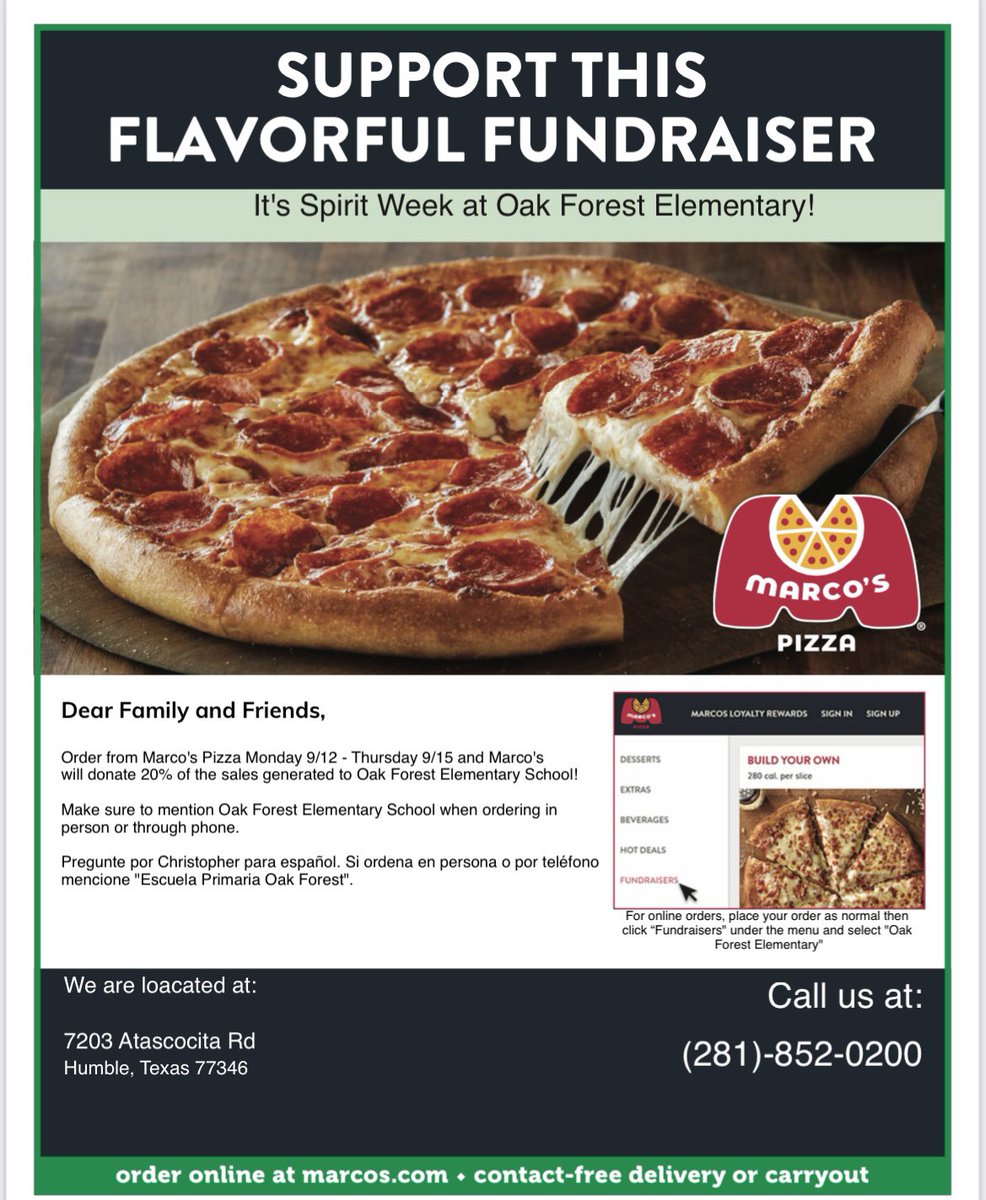 SPIRIT WEEK sponsored by Marco’s Pizza!!!!! Monday Sept 12- Thursday Sept 15 Order pizza from Marcos and mention Oak Forest and 20% of the sales will go to OFE!!!! <a href="/HumbleISD_OFE/">Oak Forest Elementary</a> <a href="/HumbleISD/">Humble ISD</a>