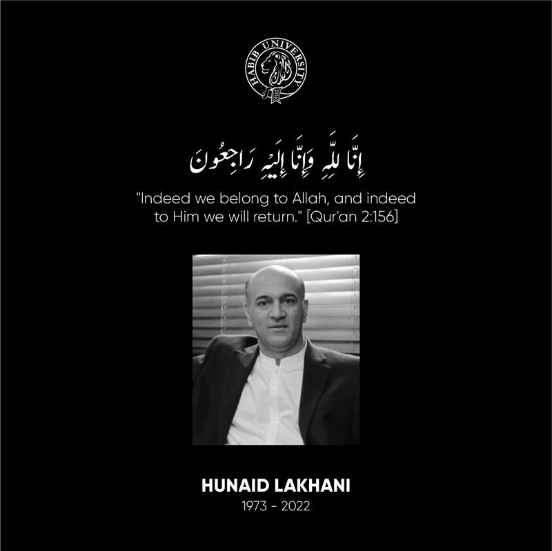 HabibUniversity's tweet photo. The #HabibUniversity community expresses profound grief at the demise of Mr. Hunaid Lakhani, Founder and Chairman of @iqrauniversity.
Mr. Lakhani will always be remembered as a renowned #educationist and #philanthropist.  
#IqraUniversity https://t.co/j8l05HJ42M